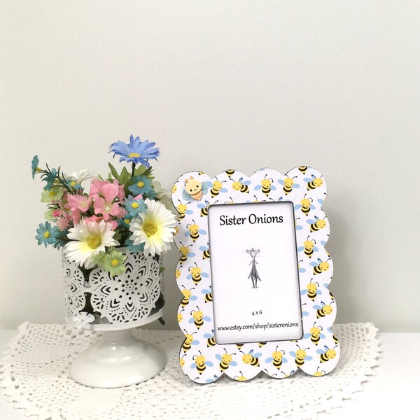 BZZZ Decoupaged Embellished 4x6 Vertical Picture Frame Bees Black and Yellow Photo Frame Birthday Gift Child's Room Decor Gift for New Baby