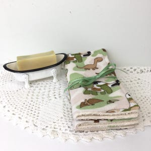 Camo Dino Baby or Toddler Washcloths Terrycloth and Flannel Set of Three Dinosaurs Bathtime Baby Shower Gift