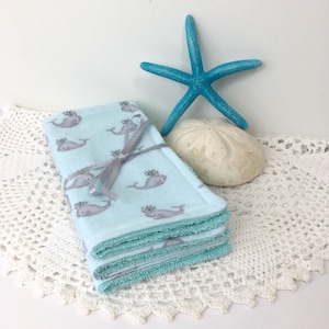 Baby Washcloths Flannel and Terrycloth New Baby Gift Set of Three Rags Handmade Little Whale Print Gray and Aqua Ocean Nursery