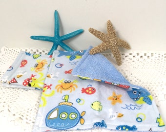 Undersea Adventure Washcloths Terrycloth and Flannel Shower Gift Ocean Theme Nursery Hand Made Shower Gift