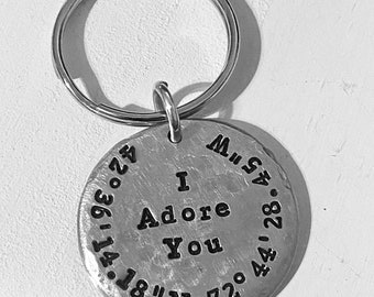 Personalized Pewter, Hand Stamped, Longitude, Latitude, GPS, Coordinates, Key Chain, Valentines Day, Couple’s Gift