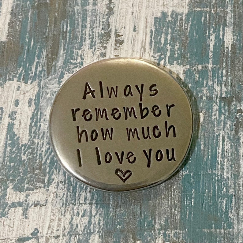 Handstamped Pewter, Pocket Token, Wedding Gift, Coin, Lucky Coin, Pocket Coin, Wedding Token, Love Token, I Love You More, Personalized Coin image 1