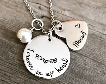 SALE - Forever in my heart  - Hand Stamped - Memory Jewelry  Rememberance - Keepsake - Angel Wings - Personalized Jewelry - Bereavement