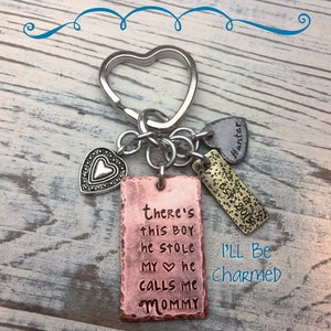 Mom Key Chain - There's this boy he stole my heart he calls me Mommy - Birth Anouncement - Hand Stamped - Personalized Jewelry - Mixed Metal