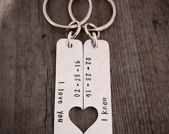 Valentines Day, Couples Key Chain, Hand Stamped, Anniversary, Key Chain Set, Personalized Jewelry, Heart Key Chain, Date, Couples Gift,
