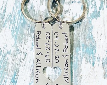 Valentines Day, Couples Key Chain, Hand Stamped, Anniversary, Key Chain Set, Personalized Jewelry, Heart Key Chain, Date, Couples Gift,