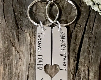 Valentines Day, Couples Key Chain, Hand Stamped, Anniversary, Key Chain Set, Personalized Jewelry, Heart Key Chain, Date, Couples Gift,