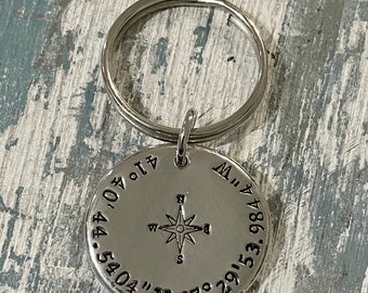 Personalized Pewter, Hand Stamped, Compass, Longitude, Latitude, GPS, Coordinates, Key Chain, Valentines Day