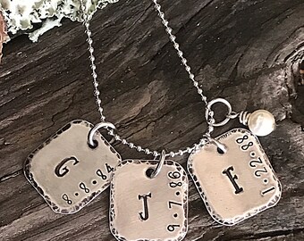 Hand Stamped, Initial Jewelry, Birthdate, Pewter Jewelry, Personalized Jewelry, Initial Necklace