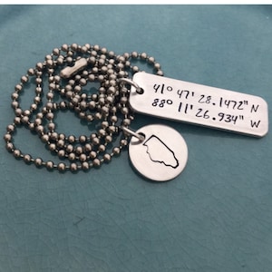 That Special Place, Longitude, Latitude, Coordinates, Hand Stamped, State Jewelry, Custom Personalized, Longitude Latitude, Address Necklace