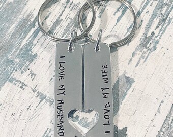 Valentines Day, Couples Key Chain, Hand Stamped, Anniversary, Key Chain Set, Personalized Jewelry, Heart Key Chain, Date, Couples Gift,