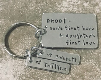 A Son's First Hero, A Daughter's First Love, Hand Stamped Keychain, Father's Day Gift, Gifts For Him, HandStamped, Key Chain, Dad, Gifts