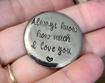 Handstamped Pewter, Pocket Token, Wedding Gift, Coin, Lucky Coin, Pocket Coin, Wedding Token, Love Token, I Love You More, Personalized Coin