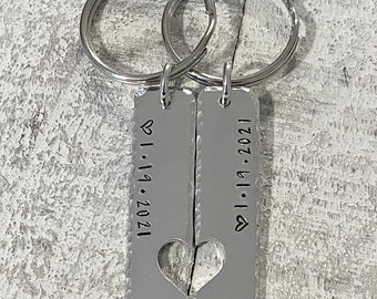 Valentines Day, Couples Key Chain, Hand Stamped, Anniversary, Key Chain Set, Personalized Jewelry, Heart Key Chain, Date, Couples Gift,