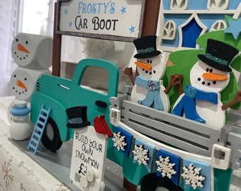 Snowman's car boot, Christmas market truck, handmade