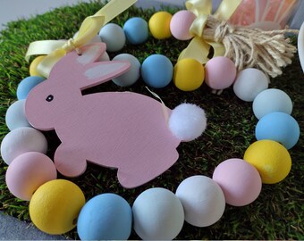 Spring Easter wooden bead pastel garland, wooden tray décor