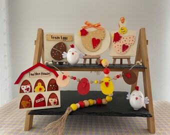 Chicken Hen Easter wooden Tiered Tray decor