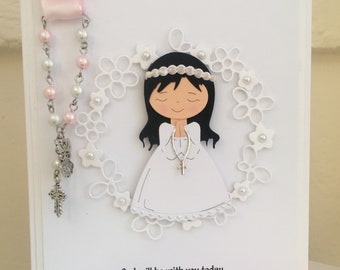 Luxury First Holy Communion rosary, boxed, handmade card