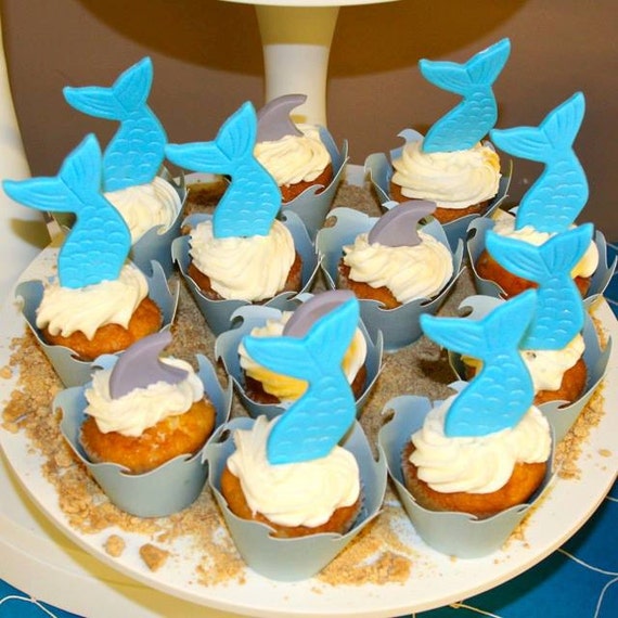 Fondant mermaid tail and shark fins cupcake toppers Il_570xn