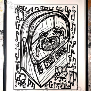 May include: Black and white illustration of a vintage jukebox with a record spinning. The jukebox is surrounded by musical notes. The text "JUKE" is written below the jukebox, and the artist's signature "BRANFWINN" and the year "(2016)" are written below the text.
