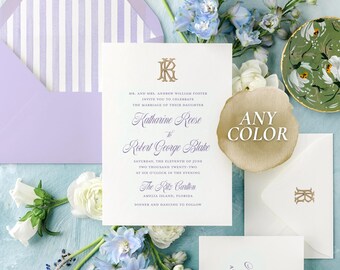 ANY COLOR Watercolor Stripe Wedding Invitations with Monogram | Printed Invitations with Envelope Liner