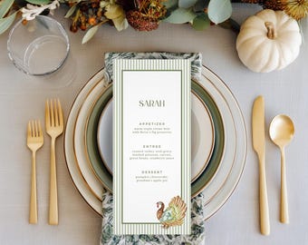 Green Turkey Stripe Menu Template | Editable Template | Printable Menu Template | Watercolor Turkey