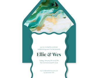Green Marbled Party Invitations | Colorful Party Invitation with Wavy Border, Envelope & Marbled Liner