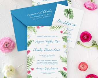 Tropical Florals and Palms Wedding Invitations | Colorful Destination Wedding Invitations for Island or Beach