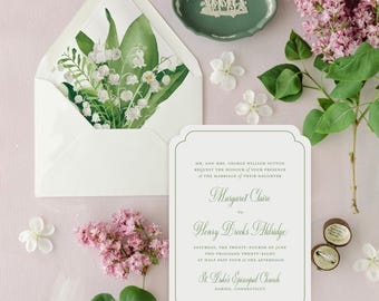 Green Lily of the Valley Wedding Invitations | Watercolor Florals with Envelope Liner