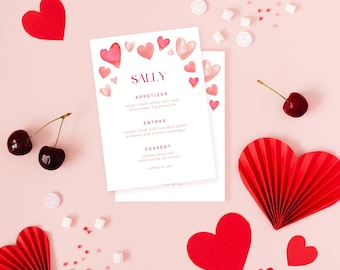 Watercolor Hearts Valentine's Menu Template | Editable INSTANT Download | Digital Template Printable
