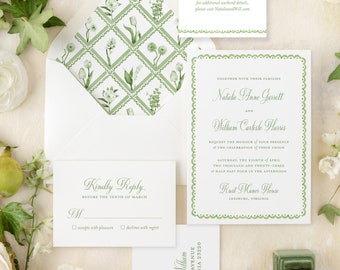 Green Trellis Floral Wedding Invitations | Printed Watercolor Wedding Invitations with Envelope Liner