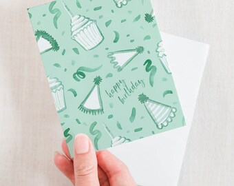 Mint Green Birthday Hat Cupcake Candle Greeting Card