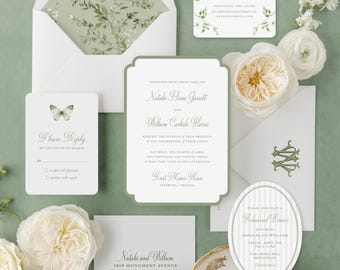 Green Floral Chinoiserie Wedding Invitations | Printed Watercolor Wedding Invitations with Envelope Liner