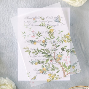 Lemon Chinoiserie Vellum Overlay for Wedding Invitations | Watercolor Floral Vellum for 5x7 Invitations