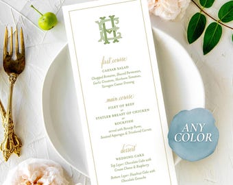 Monogram Wedding Menu | ANY COLORS | Printed Menu with Watercolor Couple's Wedding Crest