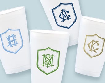Classic Couple’s Crest Cups | Custom Wedding Drinkware | Frost Flex Cups | Single Color Monogram | Personalized Drinkware | Cocktail Hour