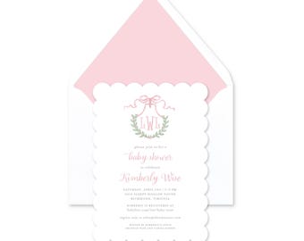 Pink and Green Monogram Shower Invitations | Scalloped Baby Shower Invite with Liner