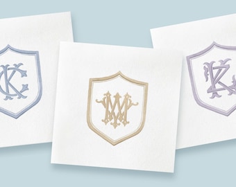Watercolor Classic Couple’s Crest Linen-Like Cocktail Napkins | Custom Wedding Napkins | Full Color | Monogram
