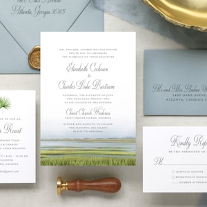 Marsh Watercolor Wedding Invitations | Coastal Blue and Green Watercolor Invitations featuring Bayou Marsh or Low Country Southern Landscape