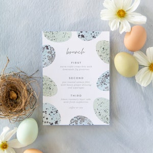 Plantilla de menú de Pascua con huevo moteado en azul y verde / Plantilla editable / Menú imprimible