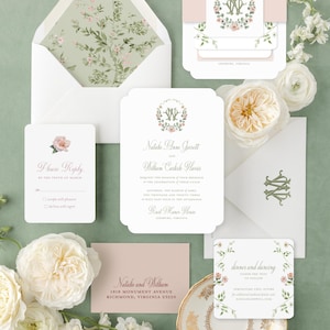 Sage Green & Blush Pink Floral Chinoiserie Wedding Invitations | Watercolor Invitations with Envelope Liner