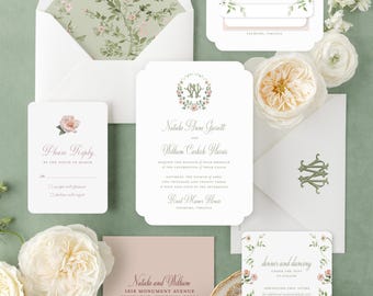 Sage Green & Blush Pink Floral Chinoiserie Wedding Invitations | Watercolor Invitations with Envelope Liner