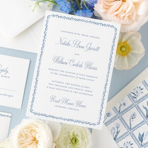 Blue Floral Trellis Wedding Invitations | Printed Watercolor Wedding Invitations with Envelope Liner