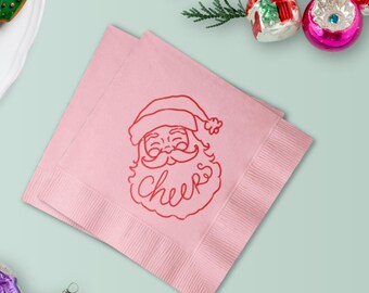 Santa Says Cheers Cocktail Napkins | Pink with Metallic Red Foil | Holiday Party
