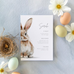 Plantilla de menú de Pascua con conejito / Plantilla editable / Plantilla de menú imprimible / Conejito de acuarela