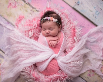 Newborn Photo Prop Set: Bubble Gum Pink Knit Wrap with Free Shabby Chic Headband for Newborn Photo Shoot, Maternity Prop, Infant Photography