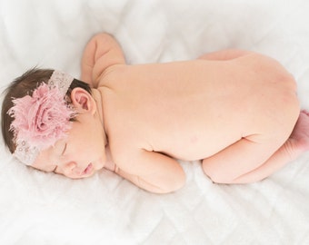 Rose Shabby Chic Flower on Taupe Lace Headband for Newborn Photo Shoot, Newborn Headband, Infant Headband, Newborn Photo Prop