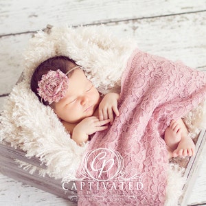 Newborn PHOTO PROP SET: Rose Lace Wrap with a Scalloped Edge and 1 Headband for Newborn Photo Shoot at a Discounted Price, Newborn Wrap Set image 1