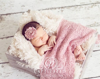 Newborn PHOTO PROP SET: Rose Lace Wrap with a Scalloped Edge and 1 Headband for Newborn Photo Shoot at a Discounted Price, Newborn Wrap Set