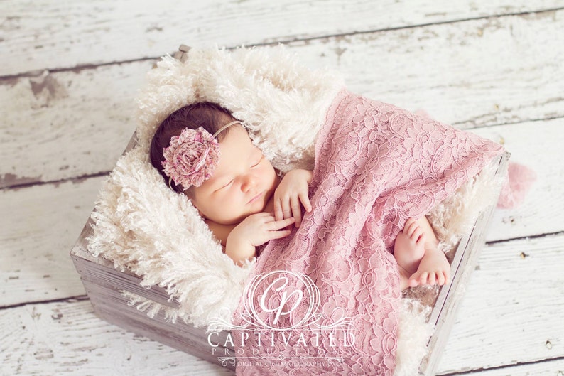 Newborn PHOTO PROP SET: Rose Lace Wrap with a Scalloped Edge and 1 Headband for Newborn Photo Shoot at a Discounted Price, Newborn Wrap Set image 1
